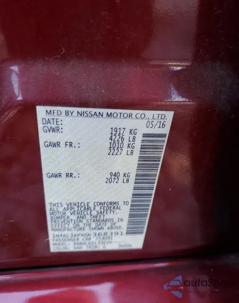 2016 Nissan Altima 2.5 from USA, damaged, VIN 1N4AL3APXGN368391